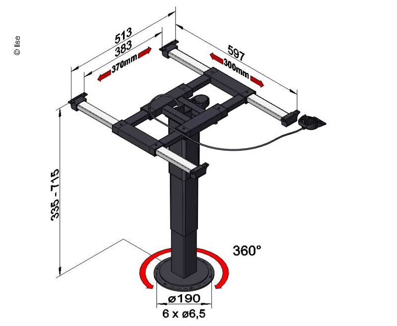 Jednoslúpový zdvíhací stôl Zdvíhací rám - Nastaviteľná výška 335-715 mm - Otočný o 360°</p>