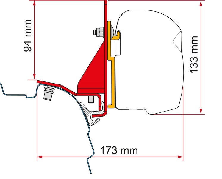 Adaptér pre markízu F45 a F43van VW T5/T6/T6.1 so zábradlím Reimo Multirail</p>