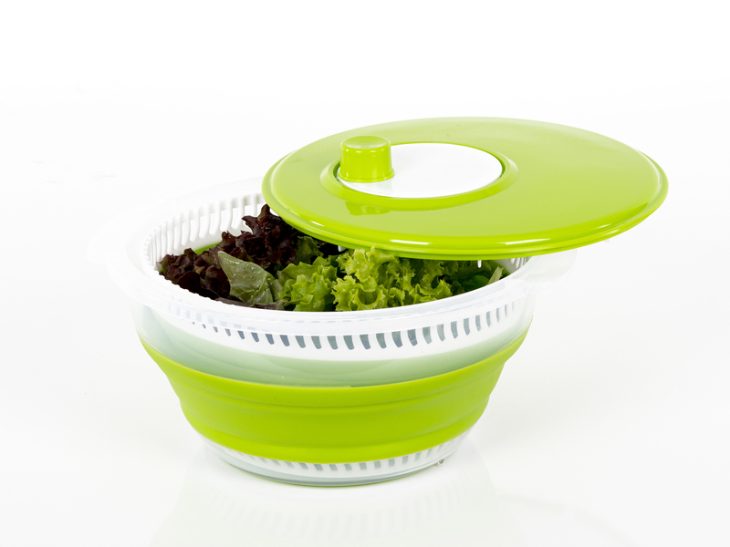 foldable salad spinner, lime/white, also strainer