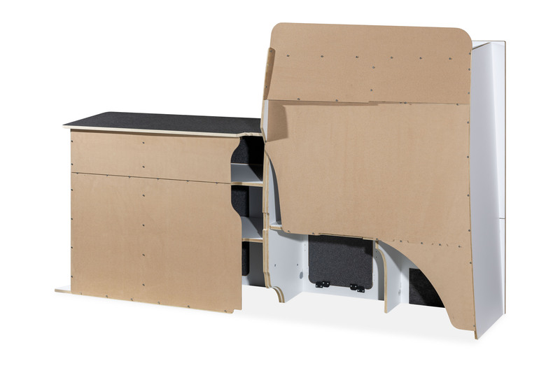 Séria nábytku Flatpack pre VW T5 / T6 / T6.1 s krátkym rázvorom – biela – čierna