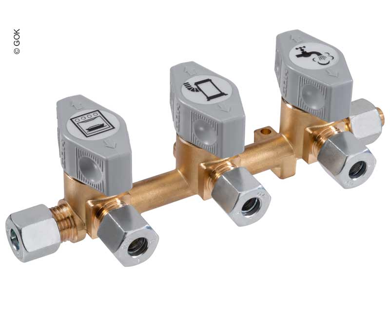 3-fold quick-acting shut-off valve for 10mm inlet, Gas manifold