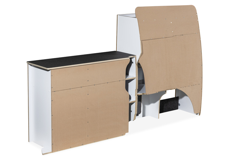 Séria nábytku Flatpack pre VW T5 / T6 / T6.1 s krátkym rázvorom – biela – čierna