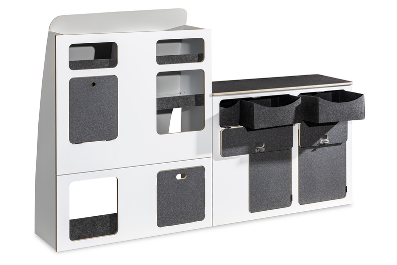 Séria nábytku Flatpack pre VW T5 / T6 / T6.1 s krátkym rázvorom – biela – čierna