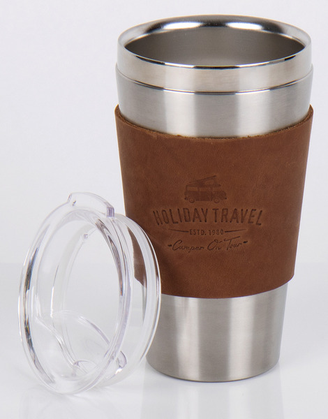 HOLIDAY TRAVEL Vákuový pohár s viečkom, nerezová oceľ, 450 ml, s koženým obalom