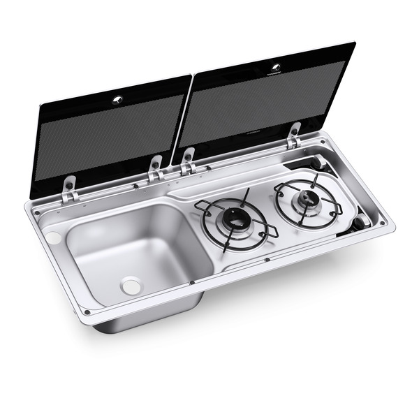 Cooker-sink combination with 2-piece glass cover