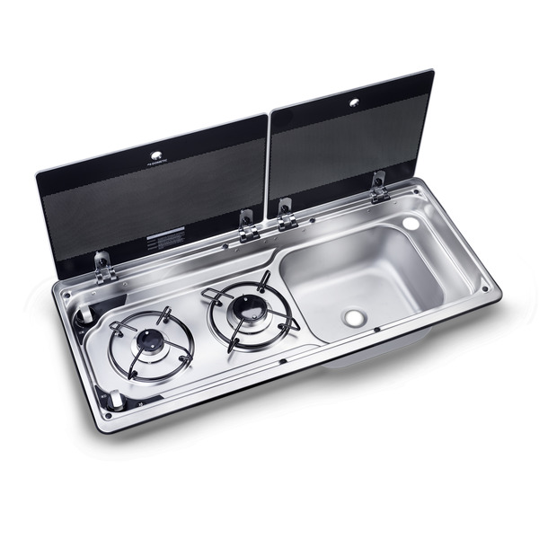 Cooker-sink combination with 2-part glass cover