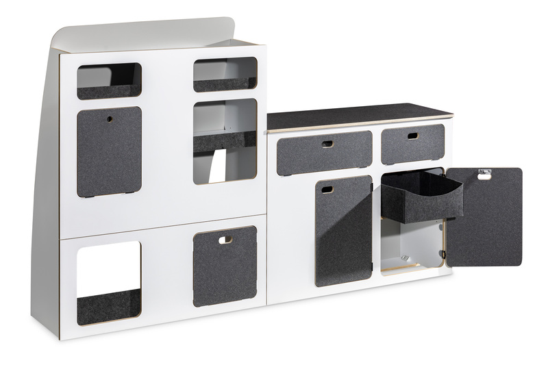 Séria nábytku Flatpack pre VW T5 / T6 / T6.1 s krátkym rázvorom – biela – čierna
