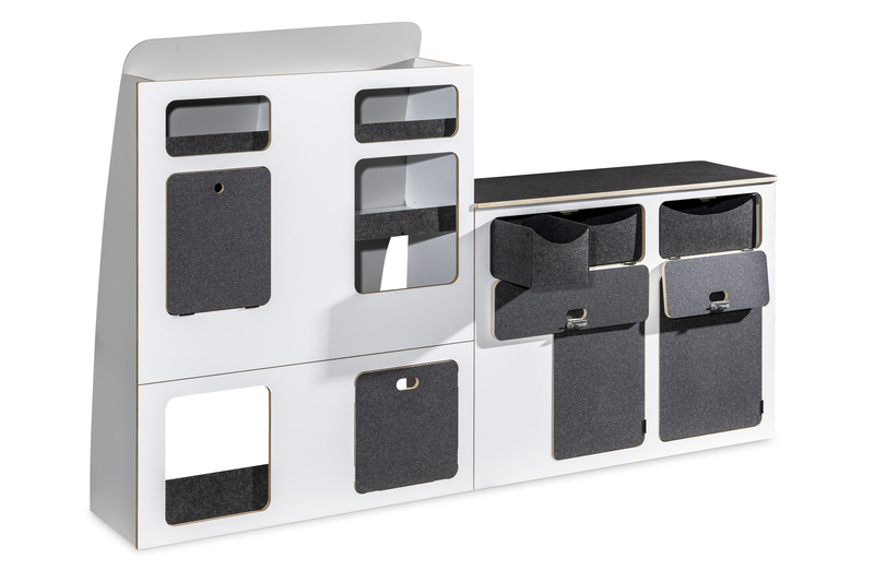 Séria nábytku Flatpack pre VW T5 / T6 / T6.1 s krátkym rázvorom – biela – čierna