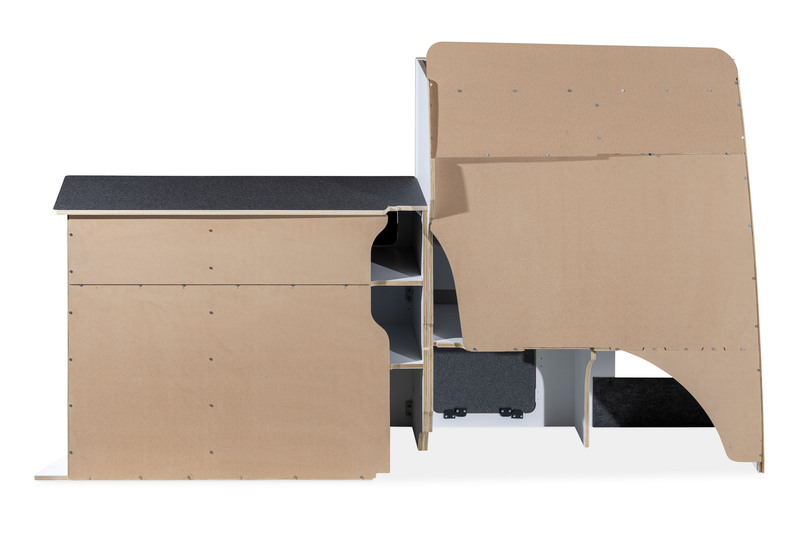 Séria nábytku Flatpack pre VW T5 / T6 / T6.1 s krátkym rázvorom – biela – čierna