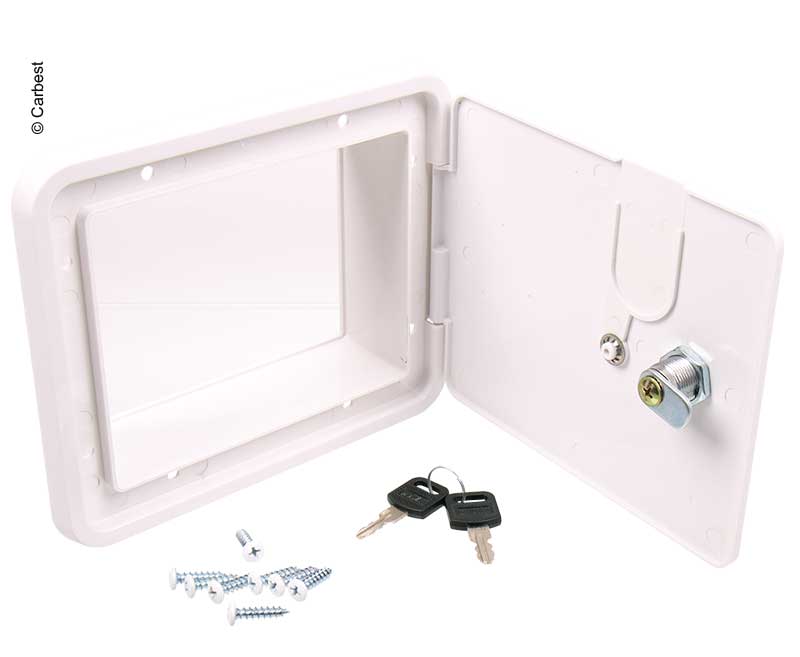 Servisná klapka Carbest so zámkom, vonkajšie rozmery 193x165 mm, biela</p>