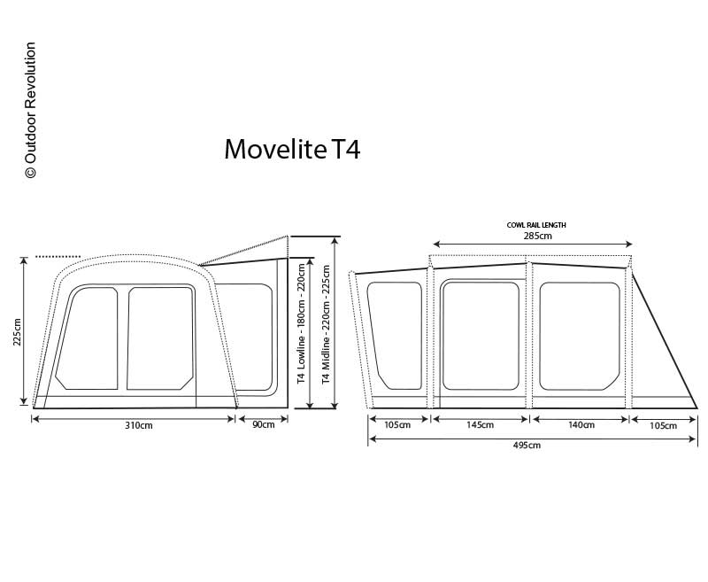 Predsienka k autobusu Movelite 4 High, výška montáže 255–305 cm, šírka 310 × hĺbka 495 cm